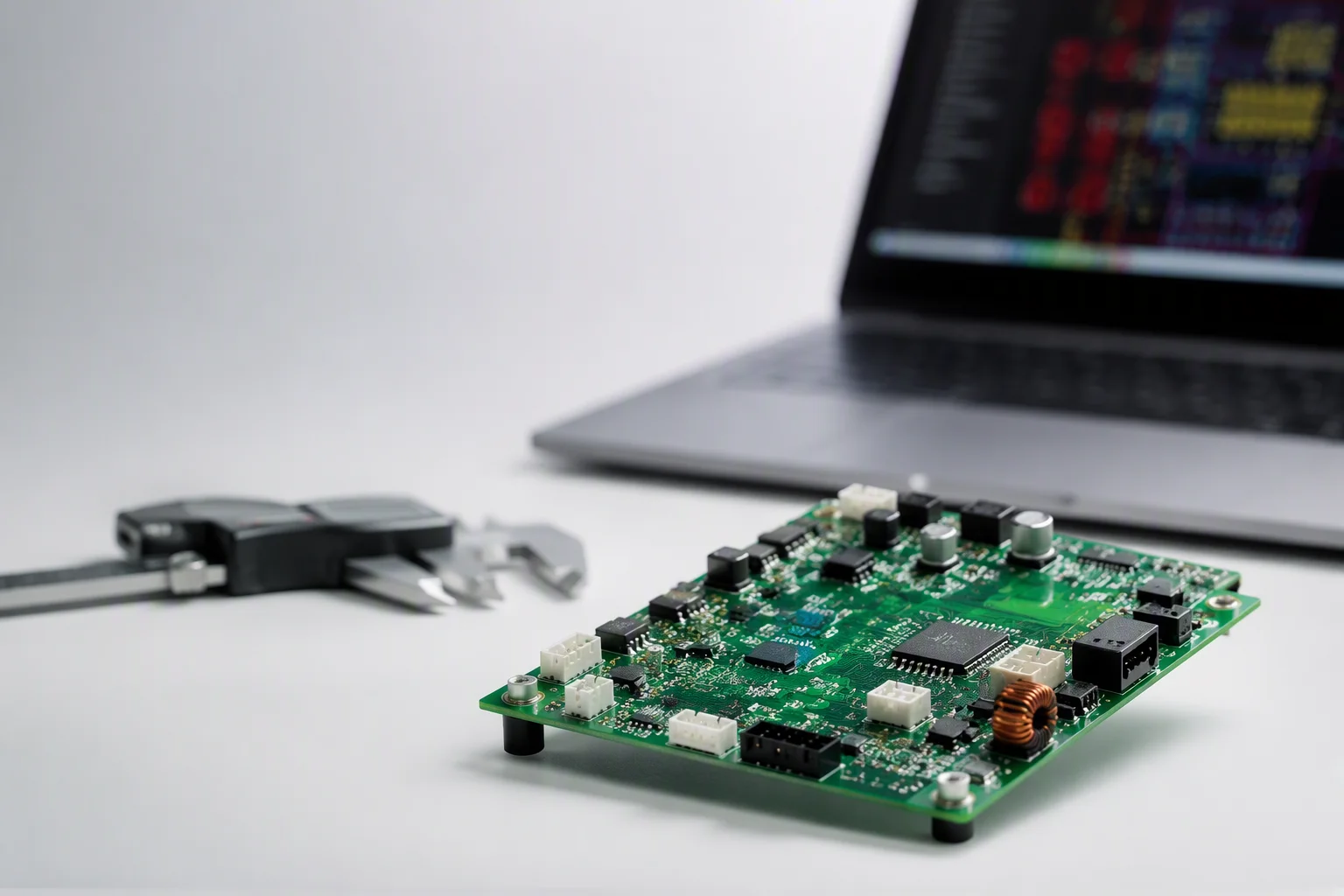 PCB on an engineer bench with caliper