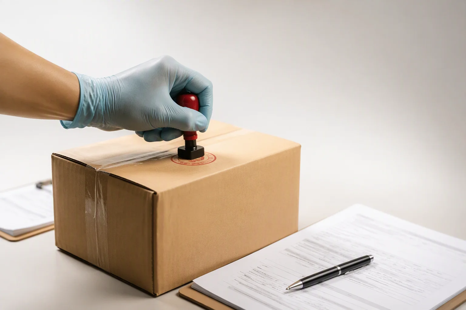 Gloved hand stamping a sealed carton