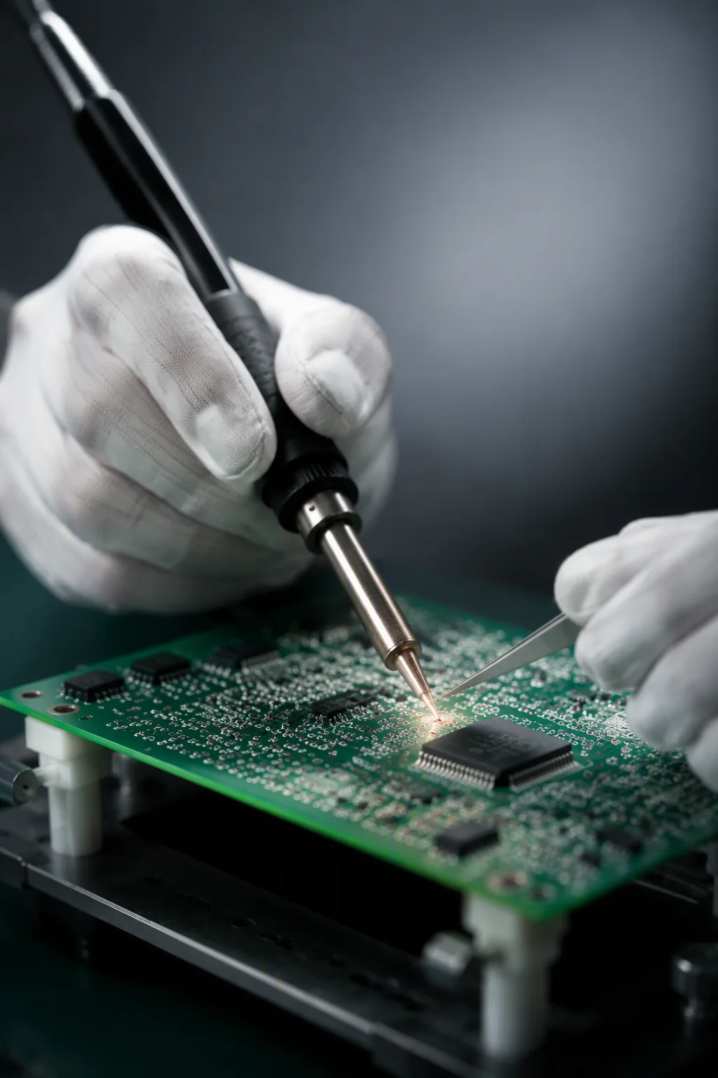Gloved technician reworking a populated board with a soldering iron