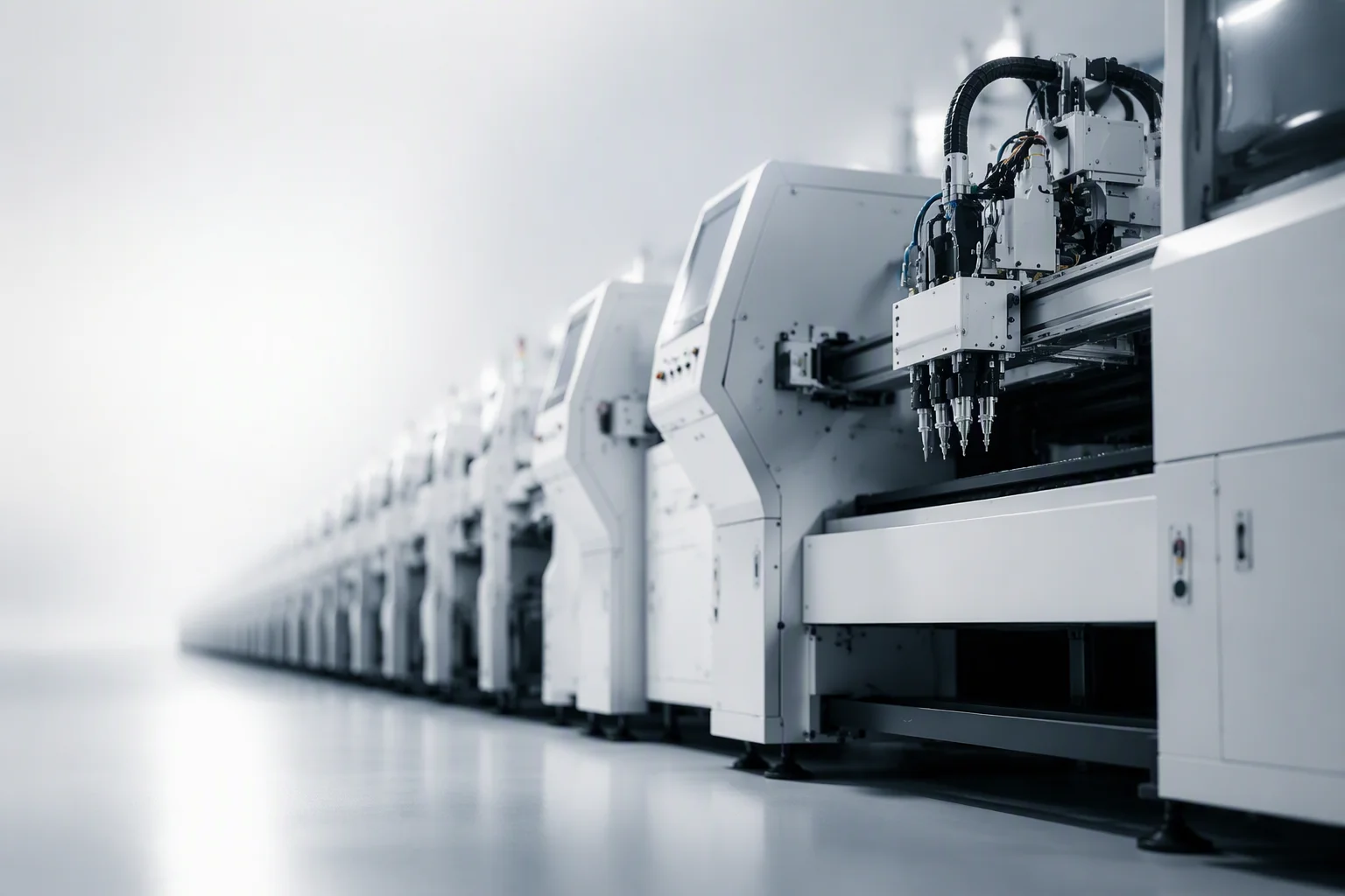 Low-angle view of pick-and-place machines running along the SMT line