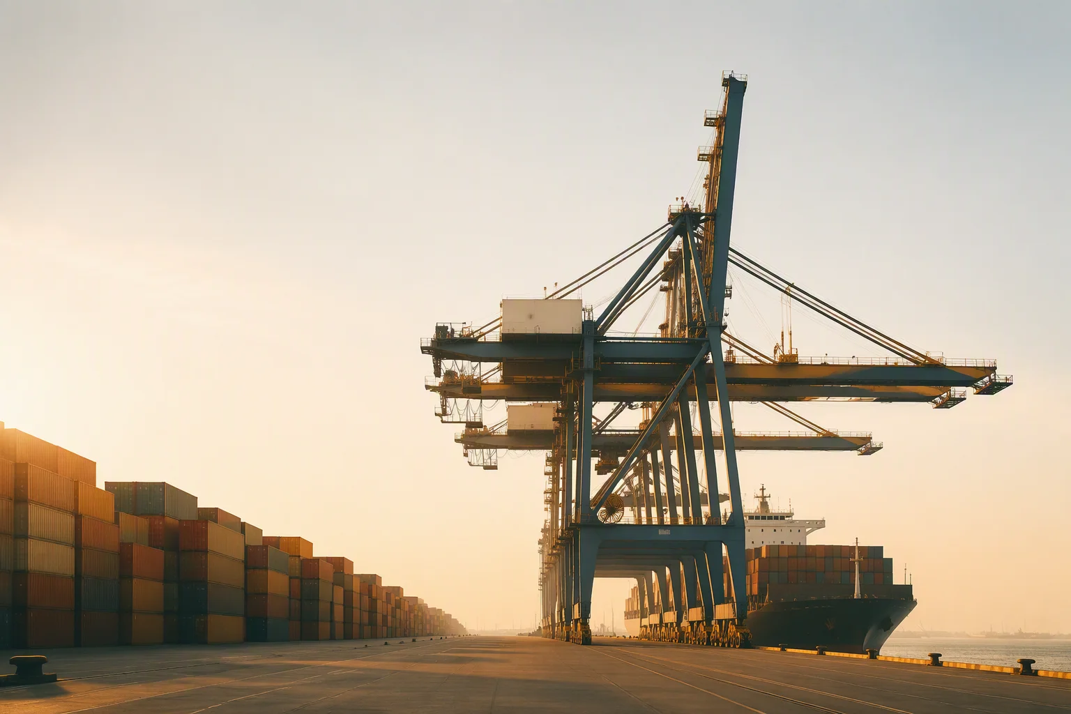Container ship berthed among gantry cranes at a port at sunset