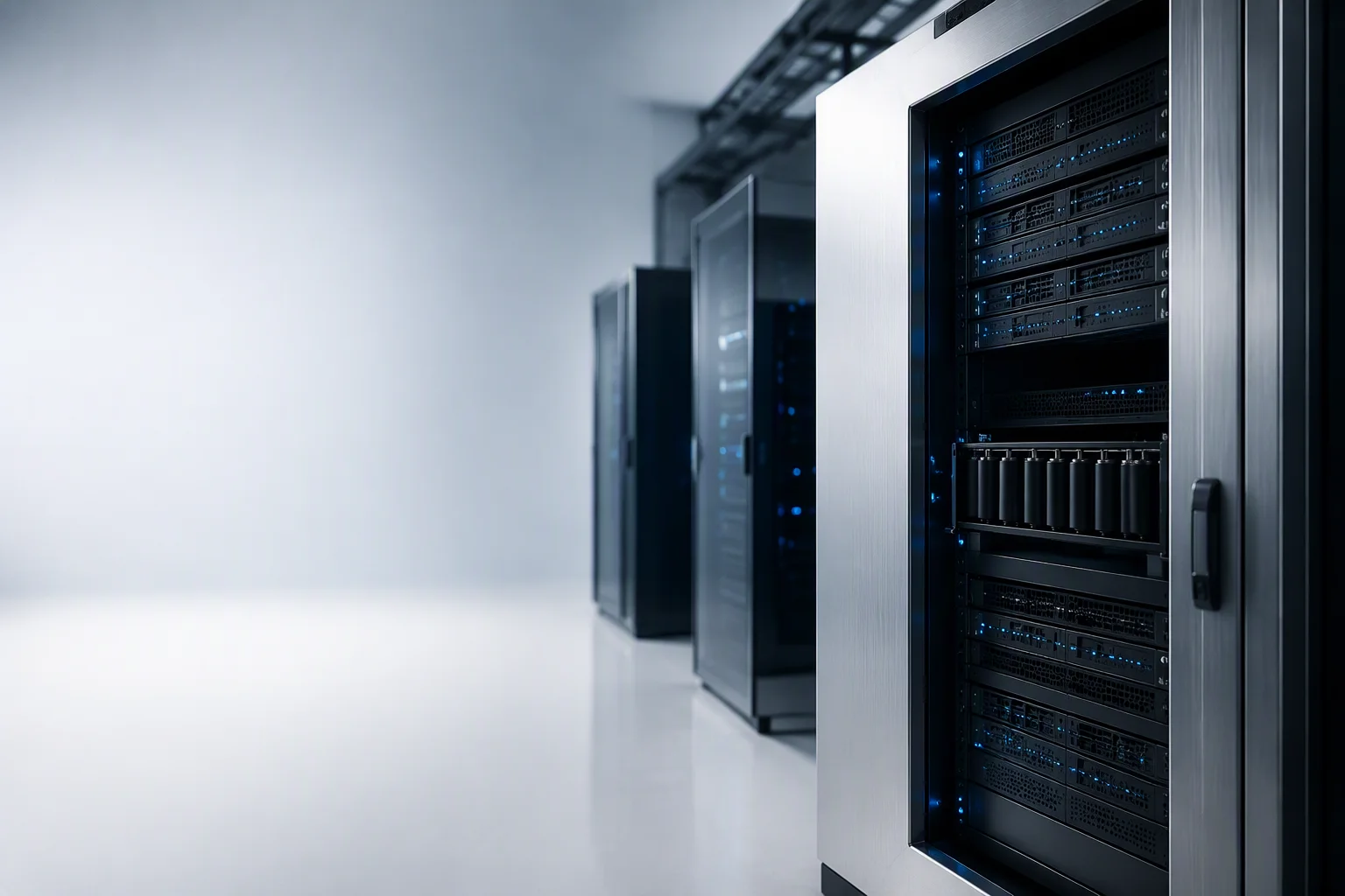 Long hall of server racks assembled and shipped from the EMS-Trade campus