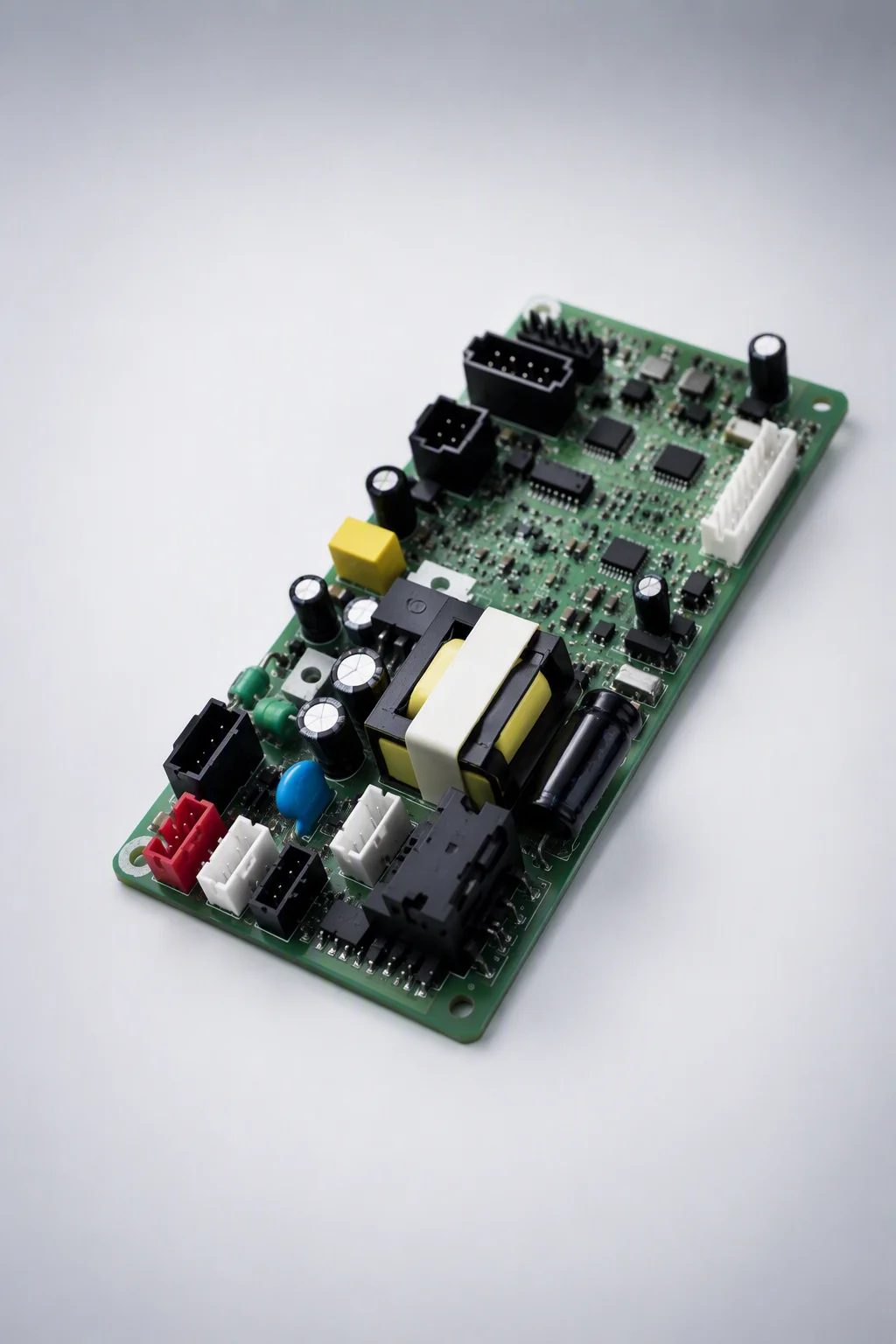 Populated power electronics board on a pale studio surface, macro view