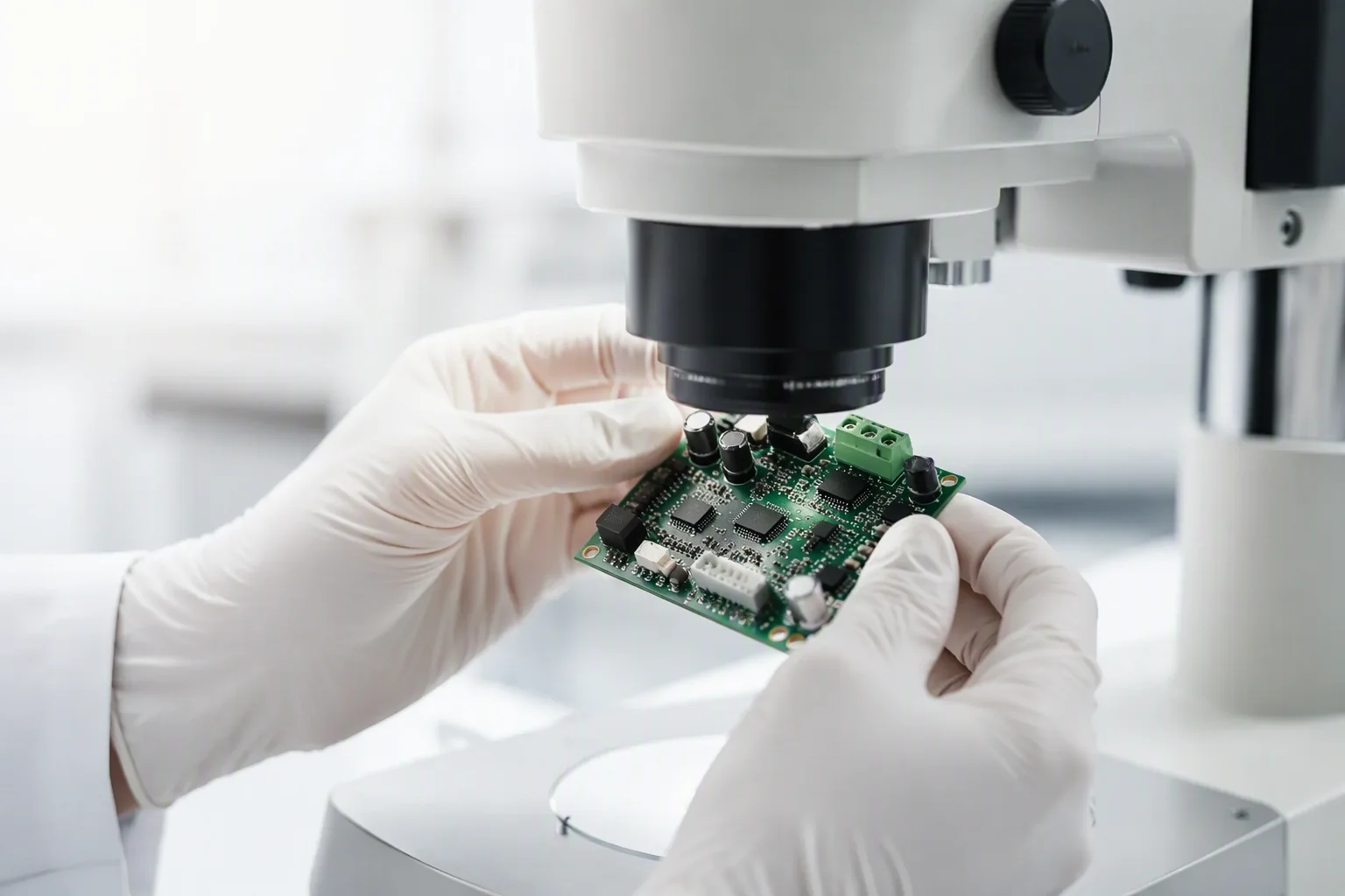 Green board under a benchtop microscope in the reliability lab