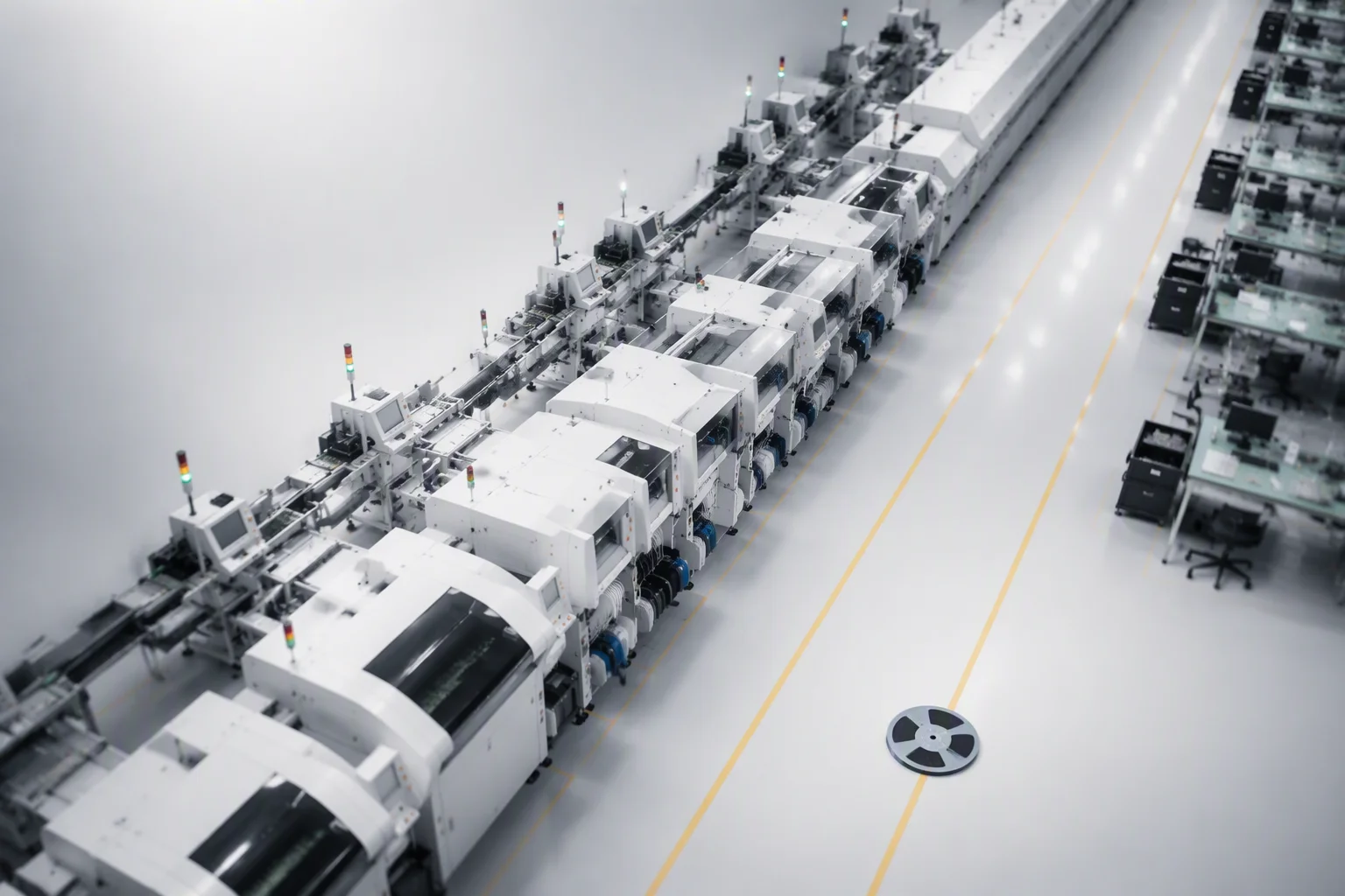 Placement machines in clean rows seen from above on the SMT floor