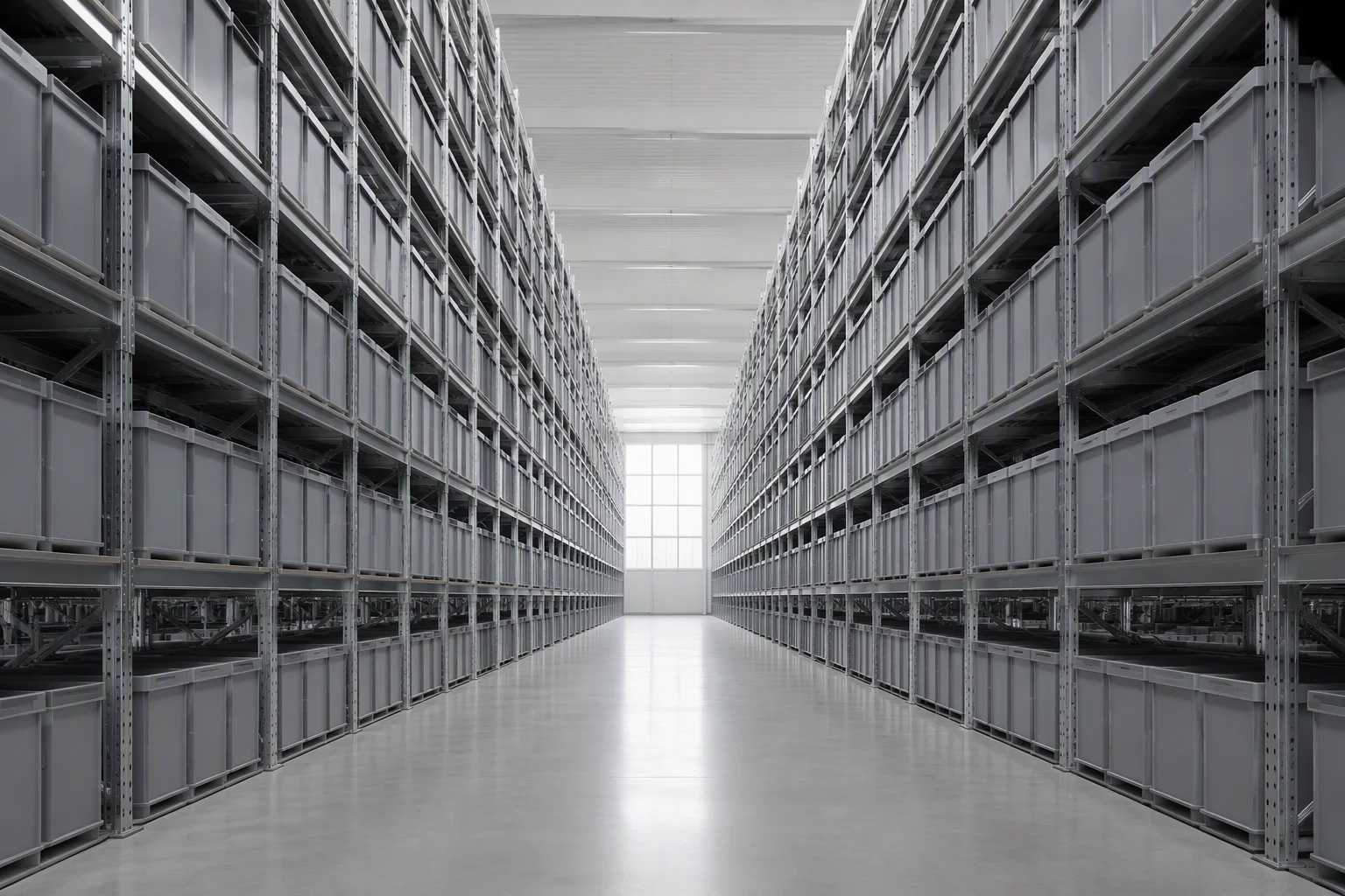 Aisle of grey component stock racking in the EMS-Trade warehouse