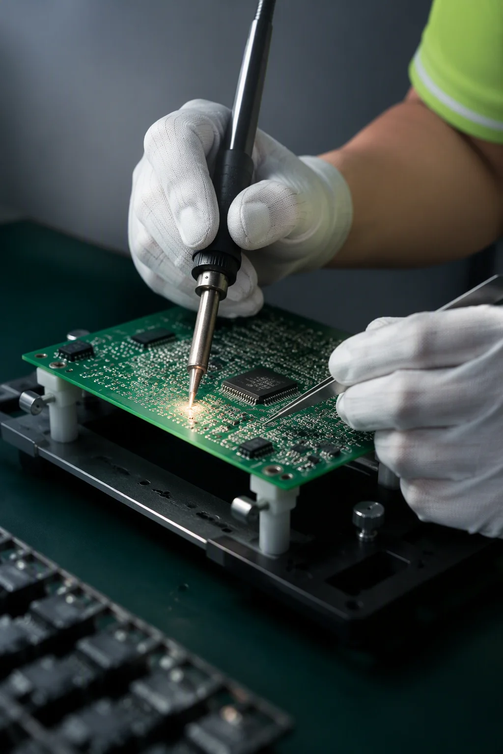 Hand-soldering station at the Bao'an campus, inspected to IPC Class 3