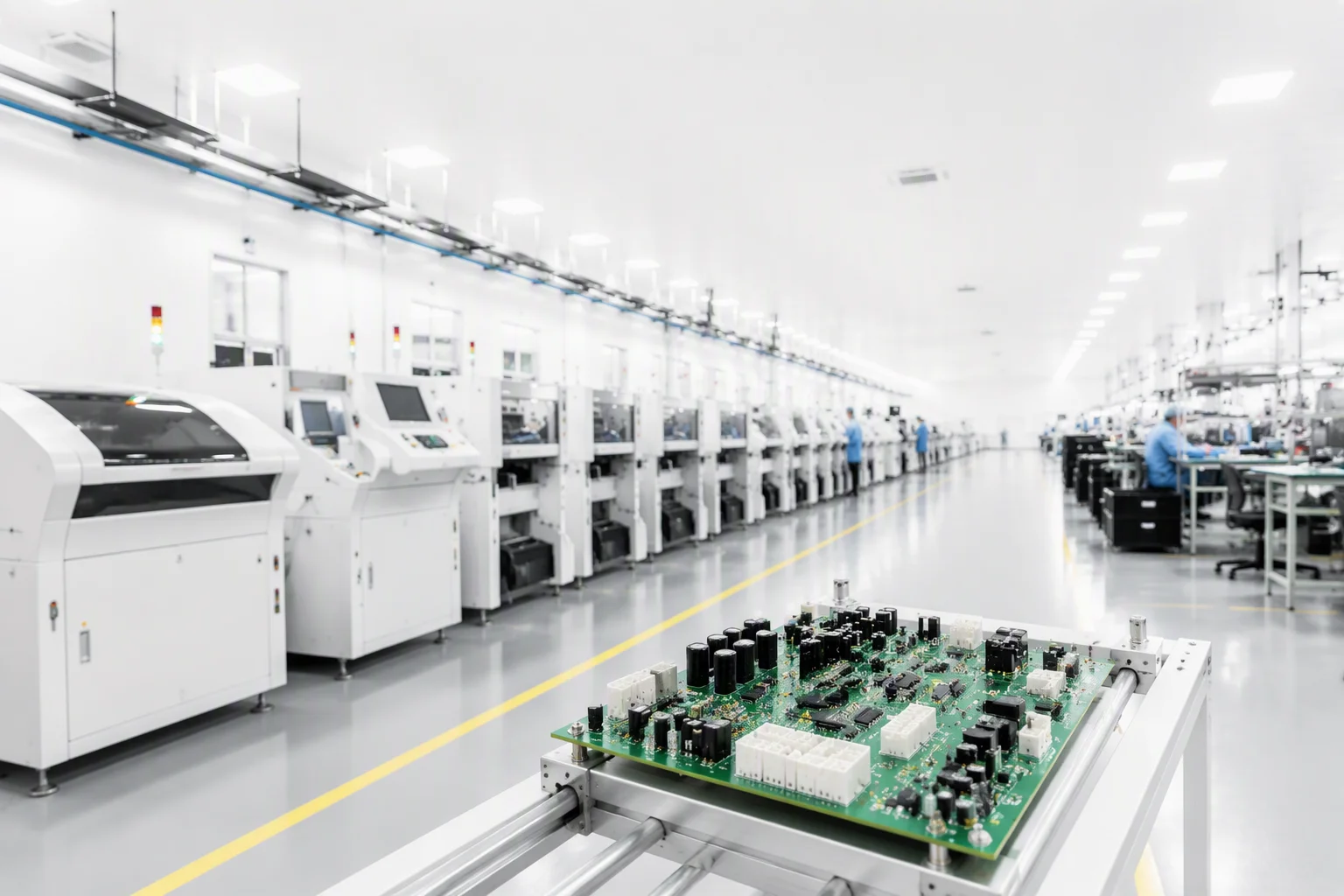 Bright SMT cleanroom line receding with a populated board passing on the line at the front