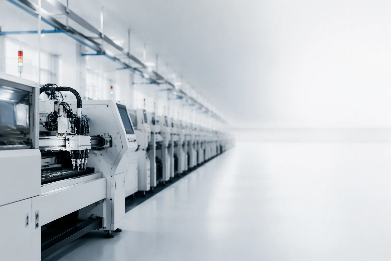 Bright automated SMT lines receding in a cleanroom corridor
