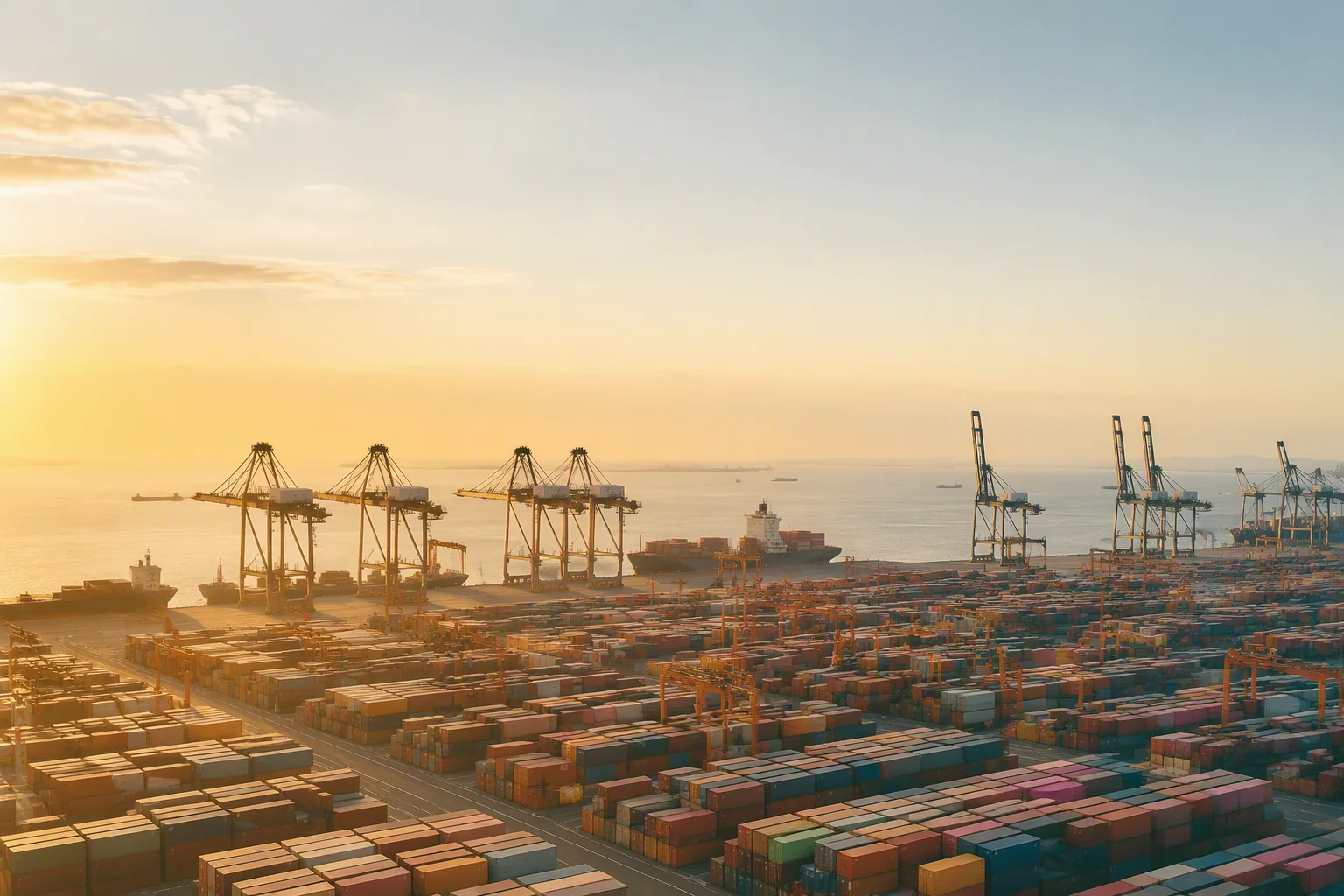 Container terminal under golden morning light