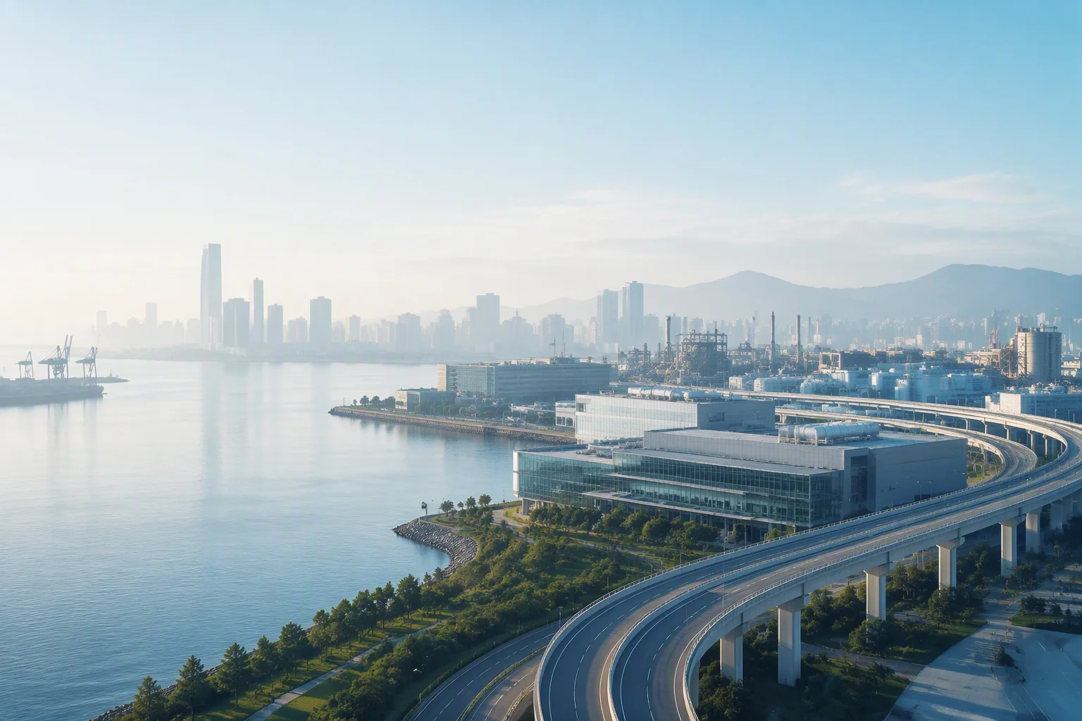 Panoramic view of a clean coastal industrial city