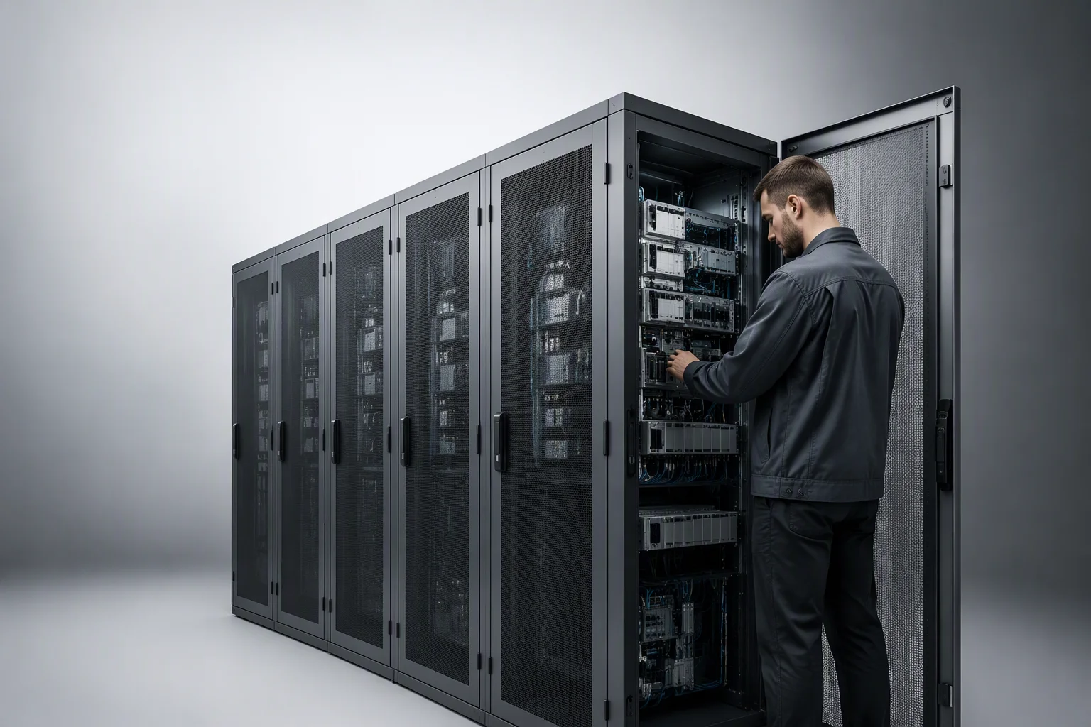 Industrial control electronics and power stage on a soft white studio background
