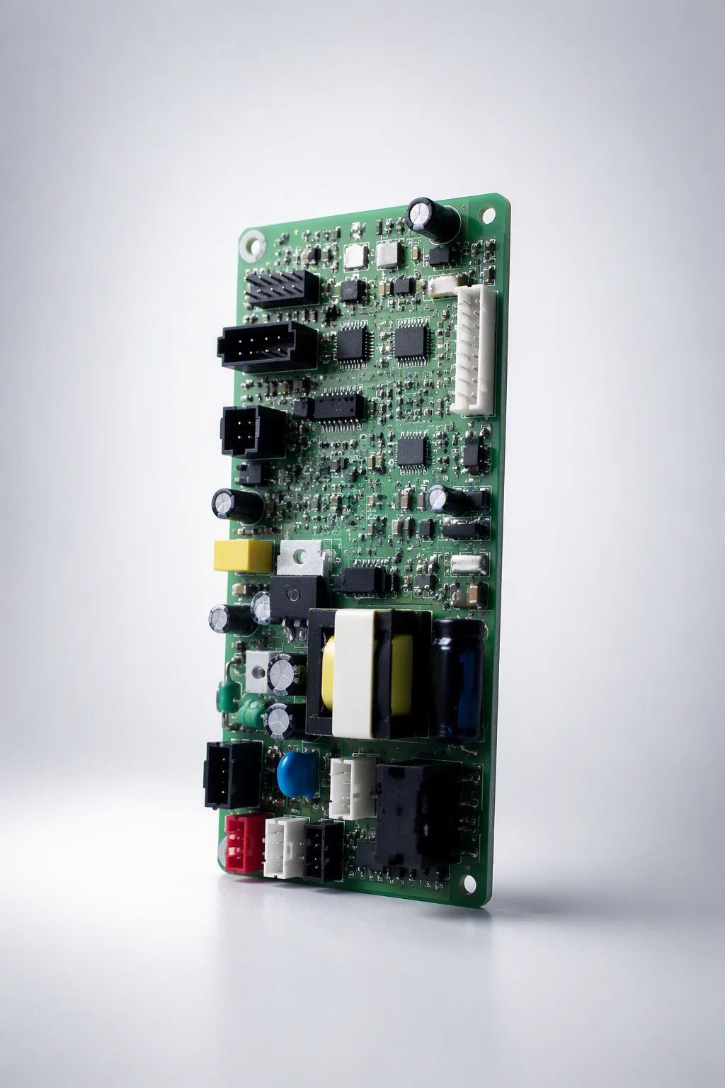 Populated green power-electronics board standing upright on a pale studio surface
