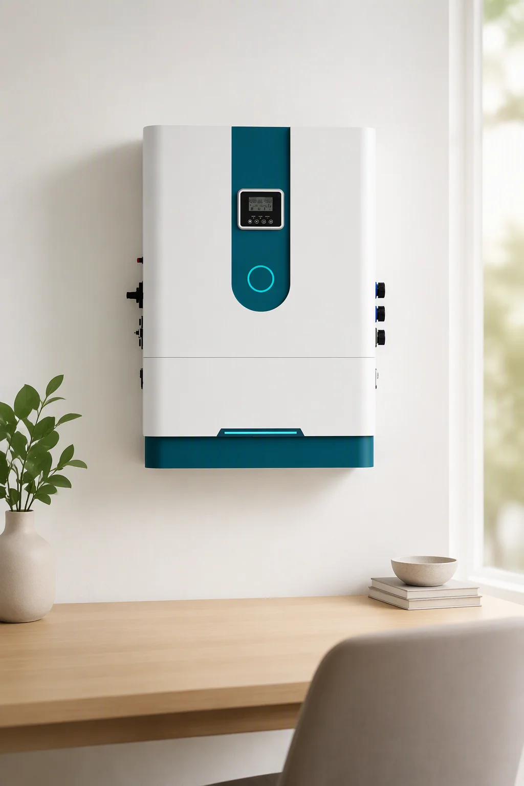 White wall-mounted home storage battery in a bright interior