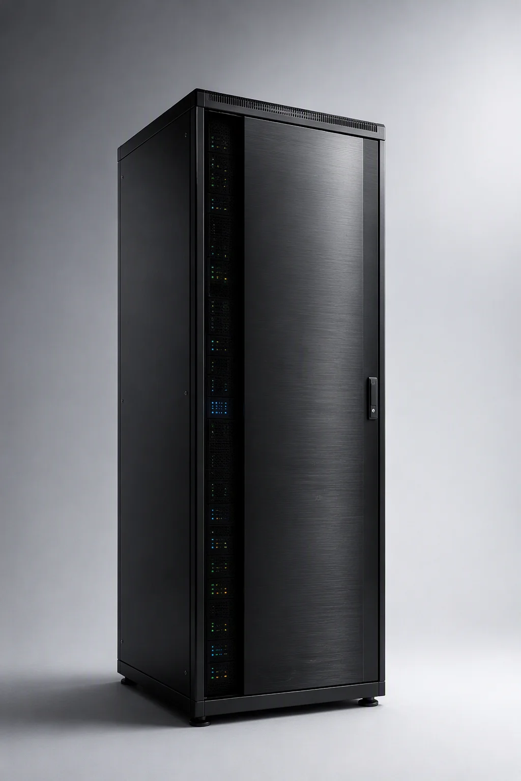 Vertical AI-rack power cabinet in a dark cinematic setting