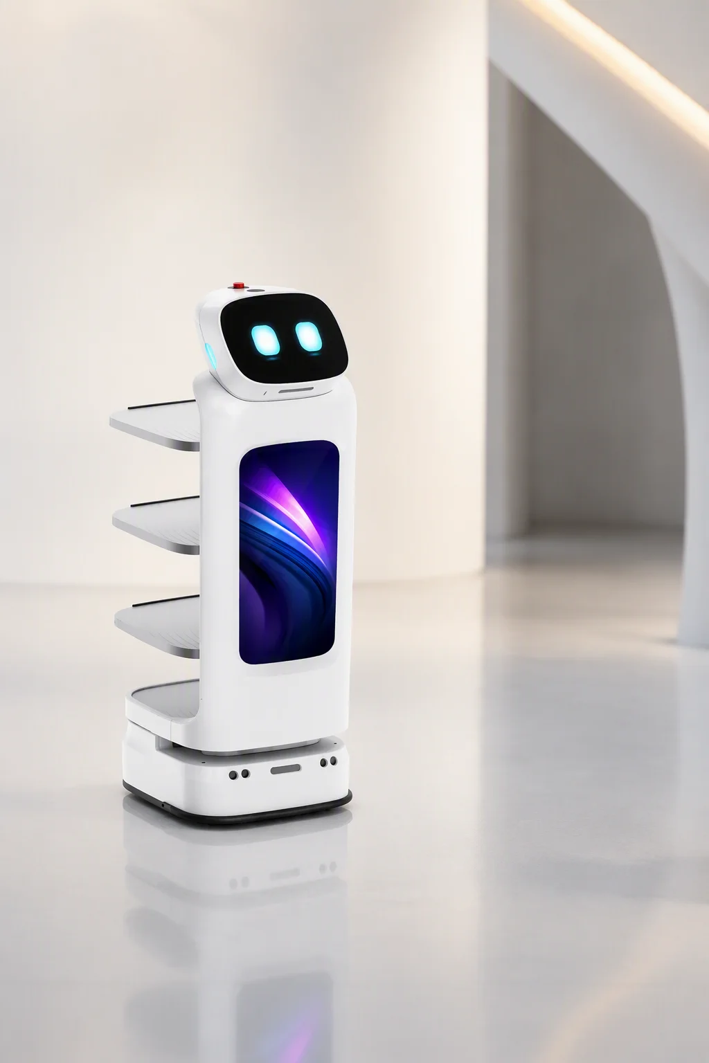 White service robot on a pale studio floor